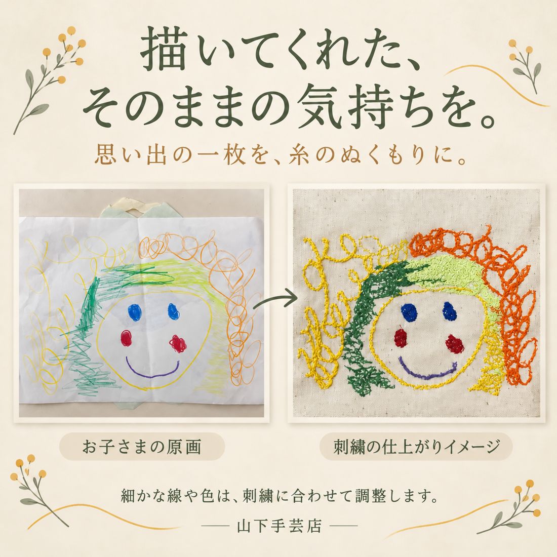 お子さまの原画と刺繍の仕上がりイメージの比較