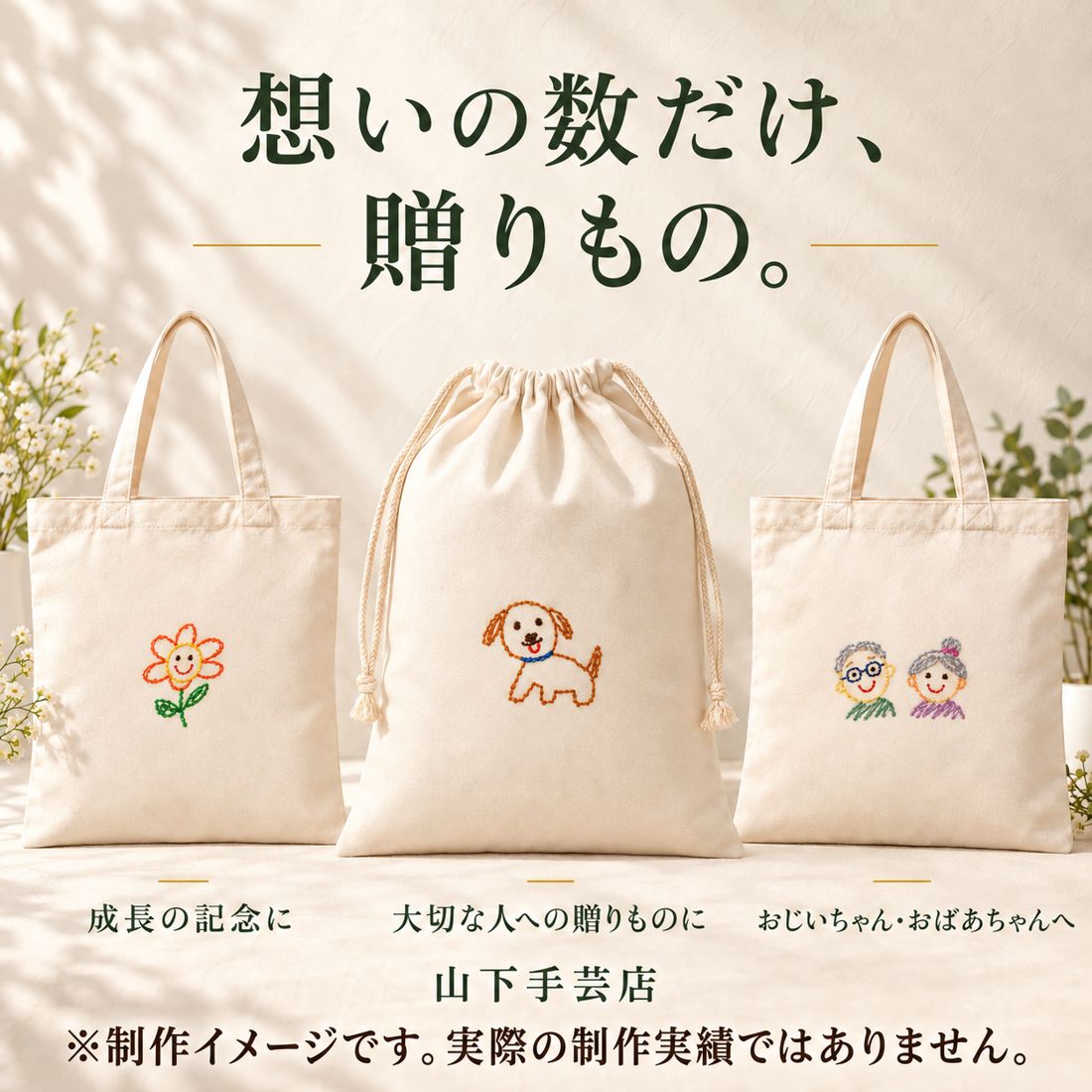 成長の記念や贈りものにした刺繍トートと巾着のイメージ